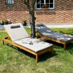 Lot De 2 Bains De Soleil Avec Coussin Et Tablette En Bois écru -Jardinage Fournitures Soldes 12cda13d9864006a