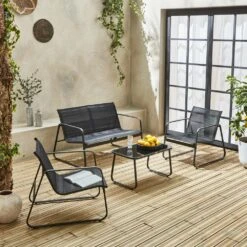 Salon De Jardin En Métal Et Textilène Pour 4 Personnes. Gris Foncé Et Noir. Design 10 Salon De Jardin En Métal Et Textilène Pour 4 Personnes. Gris Foncé Et Noir. Design -Jardinage Fournitures Soldes 644675be970662.01262420