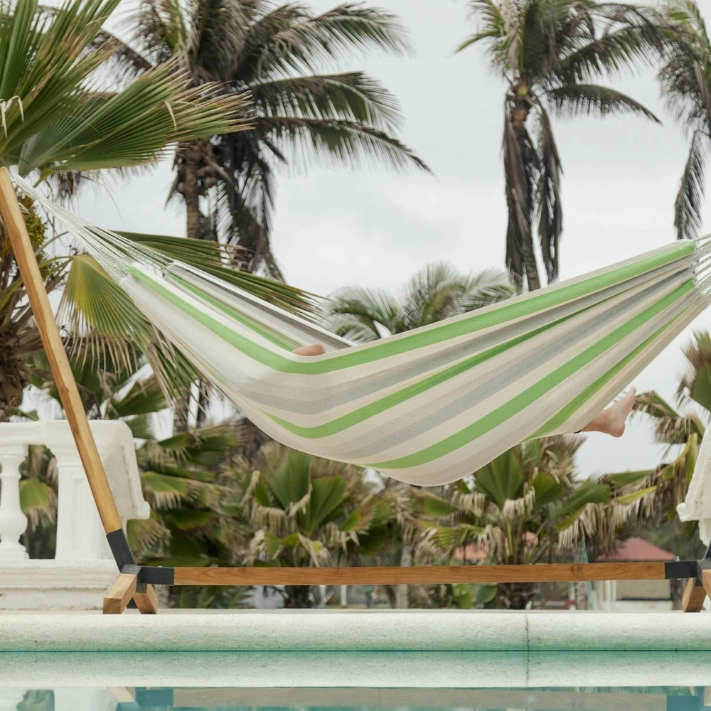 Toile De Hamac Rayée - Citron Vert / Gris Clair / écru. 1 Personne. 100% Polycoton. 220x140cm 4 Toile De Hamac Rayée - Citron Vert / Gris Clair / écru. 1 Personne. 100% Polycoton. 220x140cm – Image 2