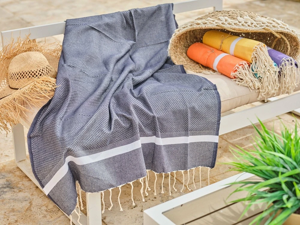 Fouta En Coton Tissage Nid D'abeille Spa 100x200cm Bleu Marine 4 Fouta En Coton Tissage Nid D'abeille Spa 100x200cm Bleu Marine – Image 2